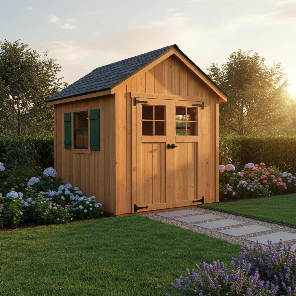 Classic wooden storage shed with beautiful natural wood finish