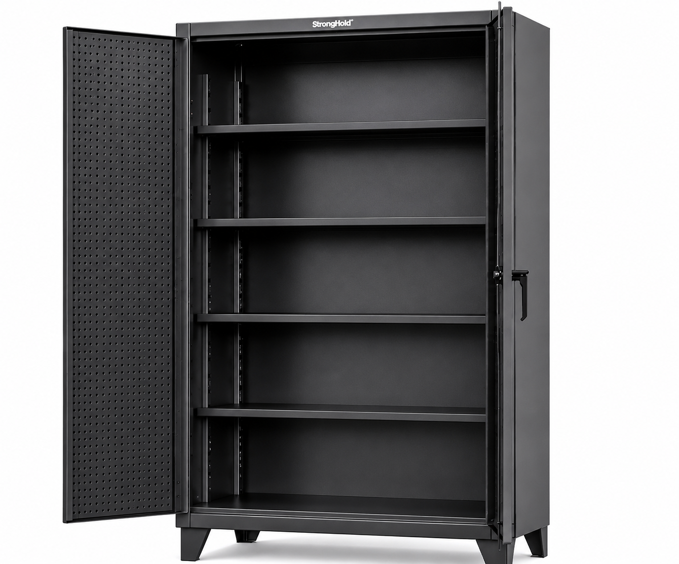 Strong Hold® Extreme Duty 12 GA Industrial Storage Cabinet – Pegboard Doors & 4 Heavy-Duty Shelves